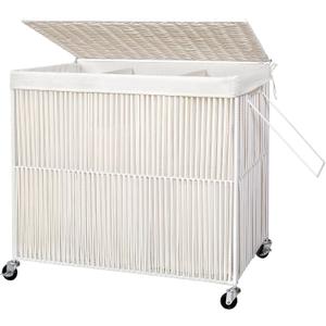 WOWLIVE Laundry Hamper with Wheels, 160L Handwoven Rolling Laundry Basket 3 Section with Lid, Clothes Hamper with 3 Removable Liner Bags, Large Laundry Sorter Laundry Room Organization, Creamy White, 150l
