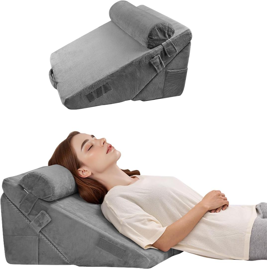 VEVOR Bed Wedge Pillow for Sleeping, 3 Pcs Adjustable Orthopedic Bed Wedge Set, with Washable Cover & Foam Support, Post Surgery Pillow for Acid Reflux, Back Pain, Snoring Relief & GERD, Dark Grey (3PCS-Half moon pillow-Velvet)