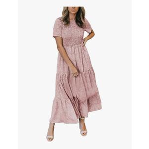 Maggeer Womens 2025 Summer Fall Smocked Wedding Guest Maxi Dress Casual Short Sleeve Floral Boho Flowy Long Dress Small