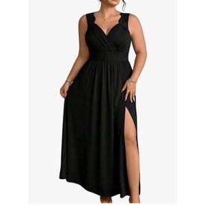 Women's Plus Size Lace Trim Sleeveless Maxi Dress Wrap V Neck High Slit Formal Evening Dresses,XL