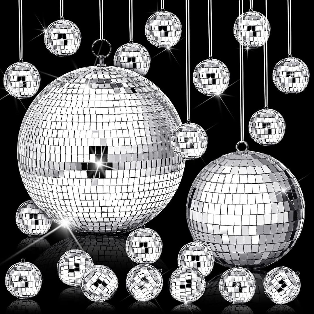 17 Pcs Disco Ball Decor: Mini Large Assorted Size Hanging Mirror Disco Ball Sets - Silver Party Ornaments for Stage Club Prom Props 70s Weddings Dance Music Birthday(8, 6, 1.2 Inch)