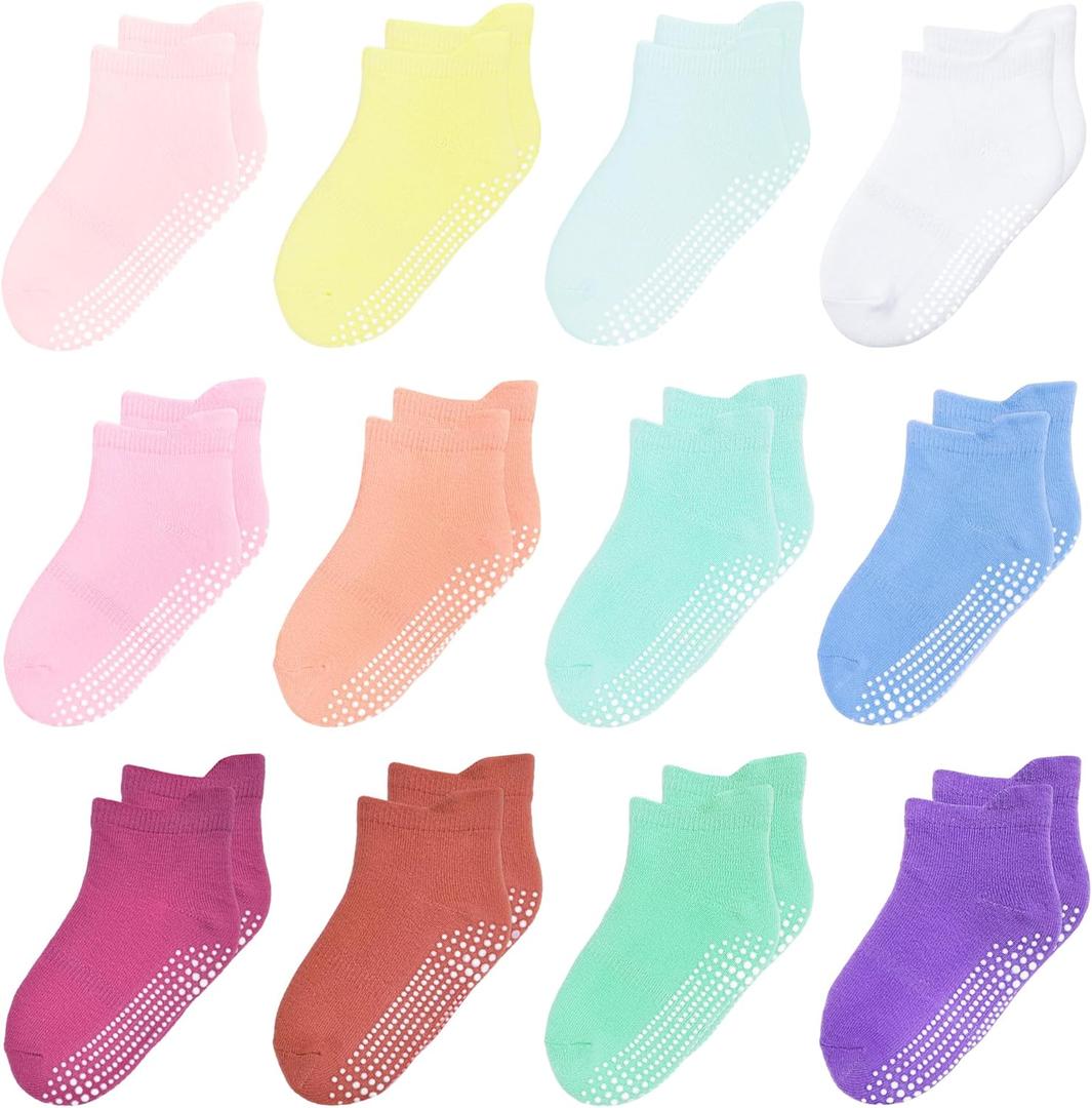 12 Pack Non Slip Kids Toddler Baby Socks with Grips, Size: 1-3T, Boys Girls Cotton Ankle Socks Multi Colors (Light Rainbow)