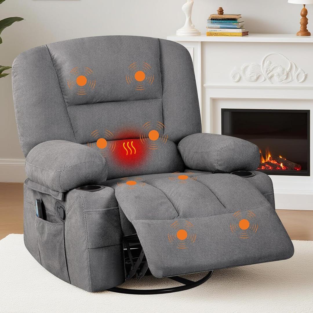Oversized Wide Recliner Chair-Heat and Vibration Massage, 360 Swivel Rocker Chair for Adults, Chenille Fabric Manual Recliner with Cup Holders & Side Pocket for Living Room, Bedroom, Grey