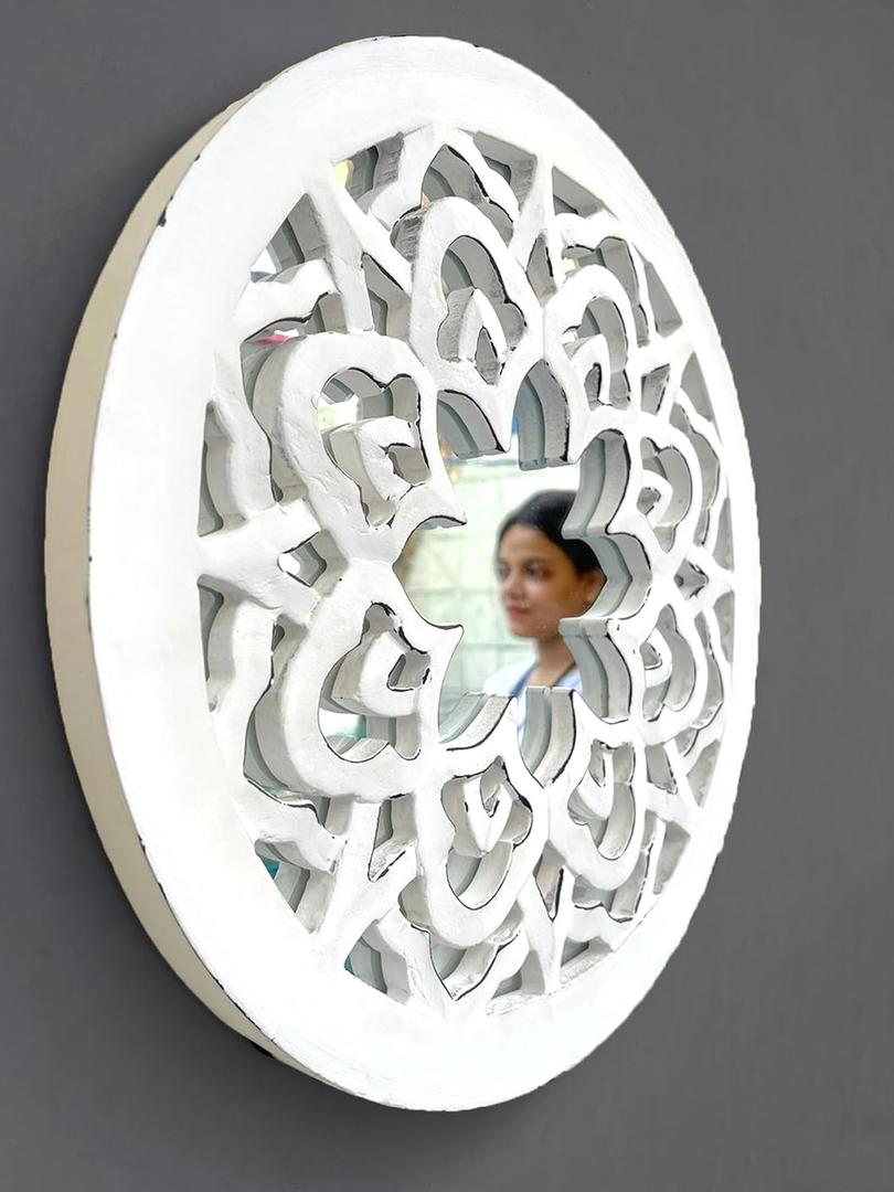Mirror Wall Dcor,Carved Wood Wall Mirror Dcor 14" Round,Hanging Wall Mirror with Wood Frame and Attached Hanging Bracket, Rustic Farmhouse Decor for The Living Room,Bathroom_White (14"L x 14"W, White Wash)