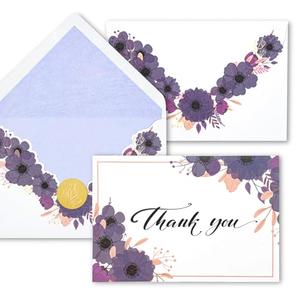 Pack of 3 AZAZA Floral Thank You Cards with Envelopes 24 PK, Wedding Purple Cards Unique Floral Design, 4x6 Wildflower Thank You Notes for Baby Shower, Bridal Shower, Sympathy (Purple Violet Flowers)