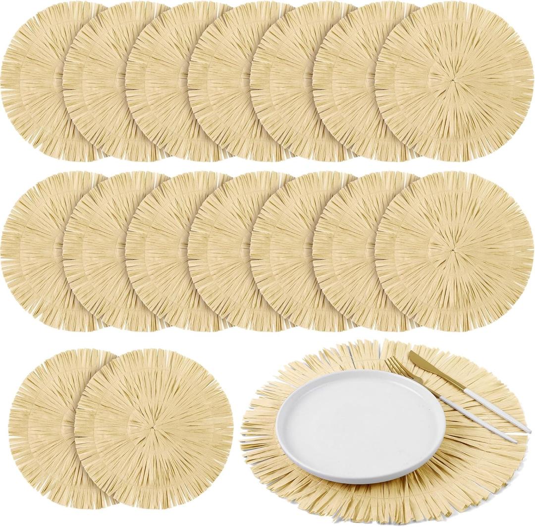 Fovths 16 Pcs Hawaii Luau Placemats Bulk 13 Inch Woven Boho Fringe Place Mats Round Straw Fringe Chargers Macrame Heat Resistant Grass Table Mat for Tropical Luau Party Hawaii Dining Table Decorations