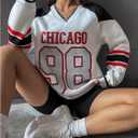 SweatyRocks Women's Color Block Number Graphic Long Sleeve Sweatshirts V Neck Loose Pullover Tops (White, S)