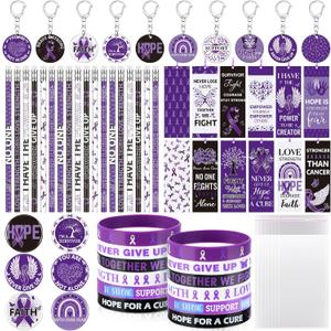 Yaomiao 210 Pcs/ 30 Sets Purple Ribbon Awareness Gift Accessories Domestic Violence Bookmark Pin Wristband Pencil Keychain Bag for Alzheimer Pancreatic Cancer Lupus Overdose Epilepsy Charity Support