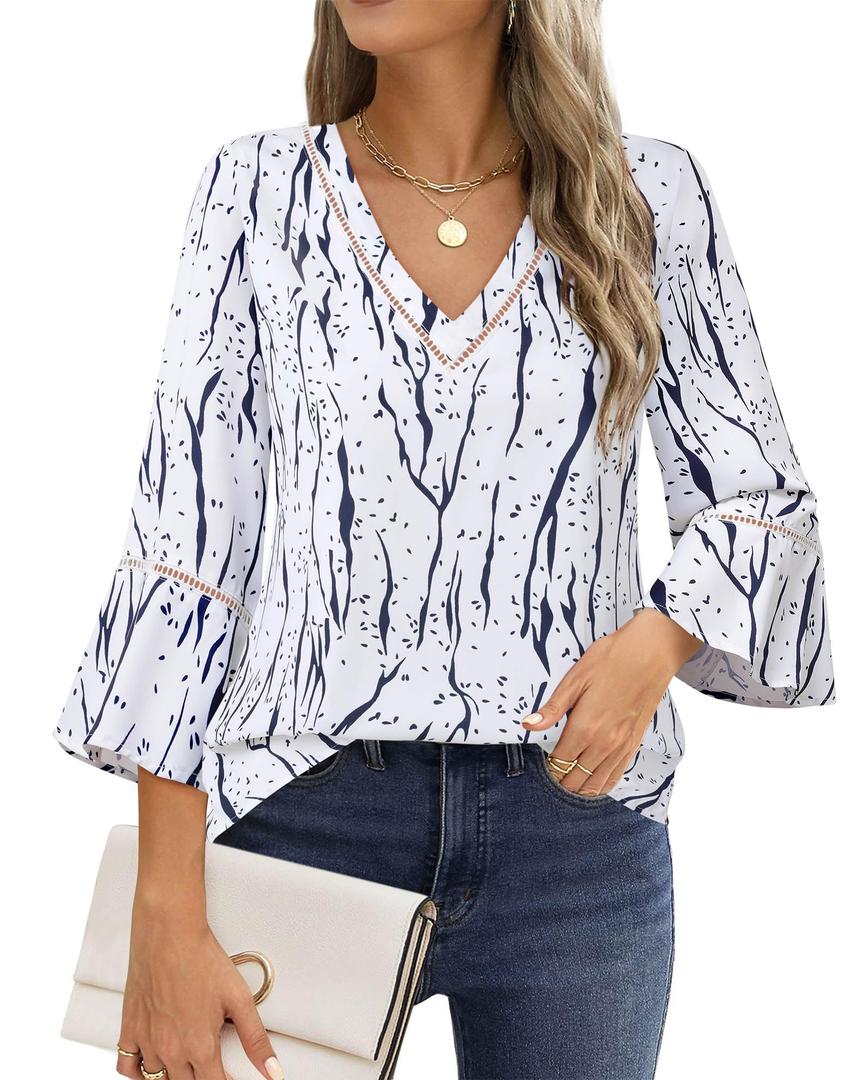 Timeson Work Tops for Women: Business Casual - Womens 3/4 Sleeve Tops and Blouses - Womens Dress Shirts Professional Office Clothing Spring Ladies Tops Interview Formal Attire Fashion Blue White L (L)