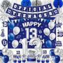 13th Birthday Decorations for Boys, 45Pcs Blue Silver Official Teenager Decorations Include Happy 13th Birthdays Backdrop Hanging Swirls 32inch 1 3 Foil Balloons for 13th Boy Girl Birthday Decor