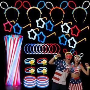 LUKBERA 212pcs Glow Sticks Bulk Party Supplies for Kids and Adults, Glow in the Dark Eyeglasses Bracelets Headbands Red White Blue Glow Sticks for Wedding Birthday Halloween 4th of July Party