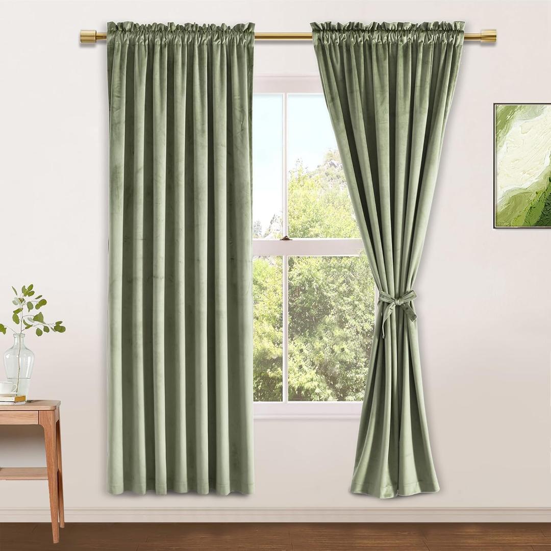 JIUZHEN Sage Green Velvet Curtains 63 inches for Living Room - Privacy Protect Room Darkening Rod Pocket Thick Velvet Window Drapes for Bedroom/Dining Room, Set of 2 with Tiebacks, W42 x L63 inches