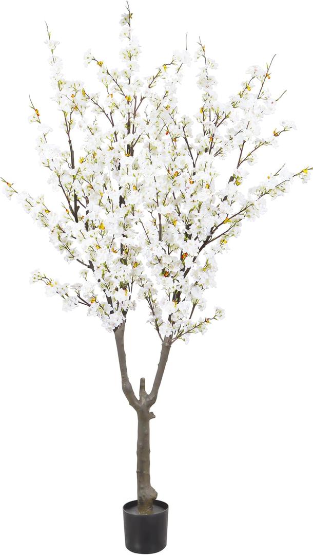 Faux Cherry Blossom Tree 6 FT Tall Fake Plants, Artificial Cherry Blossom Tree Indoor for Home Office Decor(White Color) (6FT)