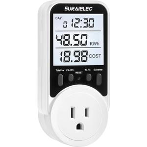Suraielec Watt Meter, Plug-in Socket Power Meter, 90V-250V Wide Range, Backlit Large Display, Auto Cost Calculator, Overload Protection, Kilowatt Wattage Voltage AMP Tester, Electricity Usage Monitor