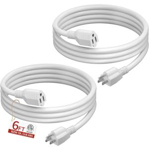16/3 Short Extension Cord 6 FT 2 Pack, White Extension Cord Flexible & Durable, Indoor 3 Prong Power Cable, Suitable for Home and Office, 13 Amp 1625 Watt 125VAC 16AWG, ETL Listed