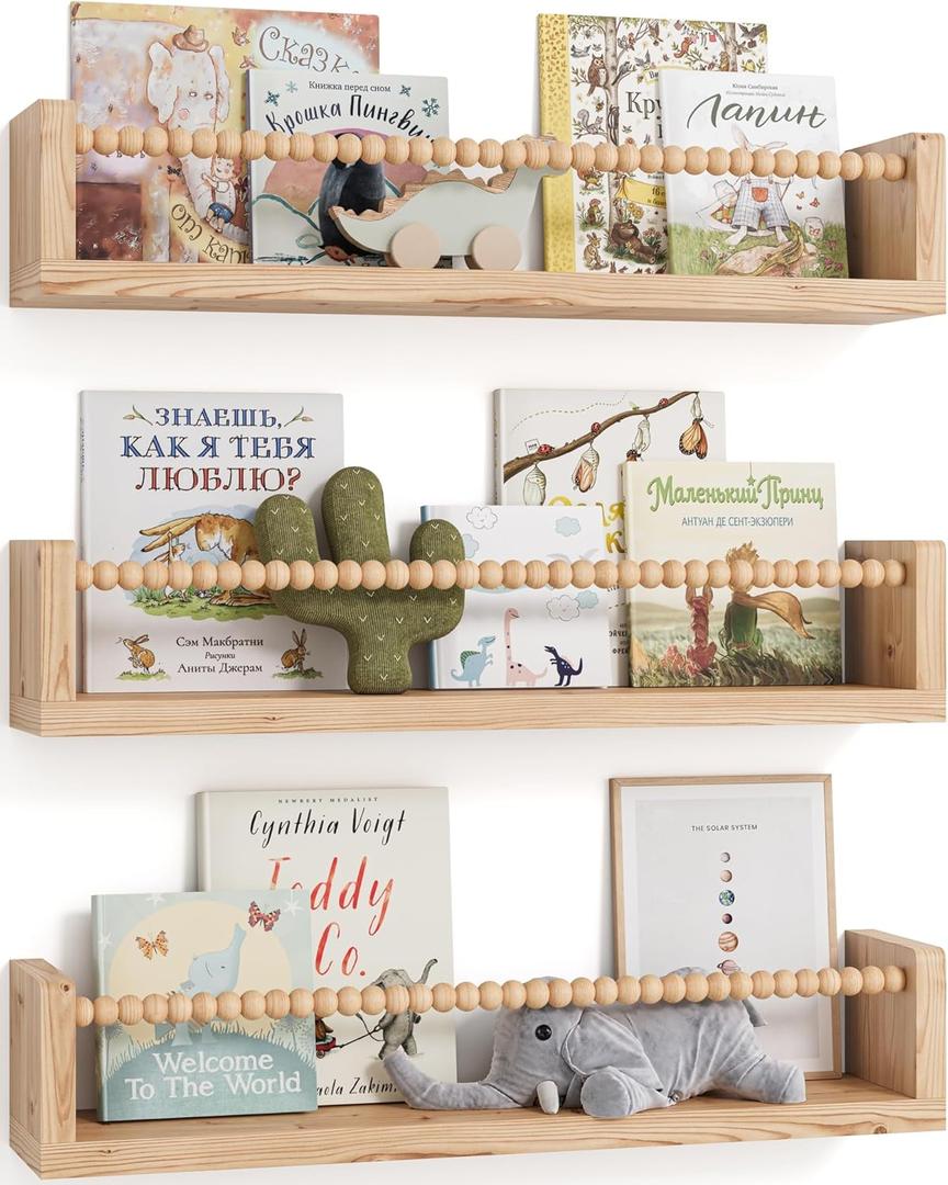 Nursery Book Shelves, Set of 3, Floating Shelves for Toddler, Nursery Decor(Wood, 16.5 Inches)