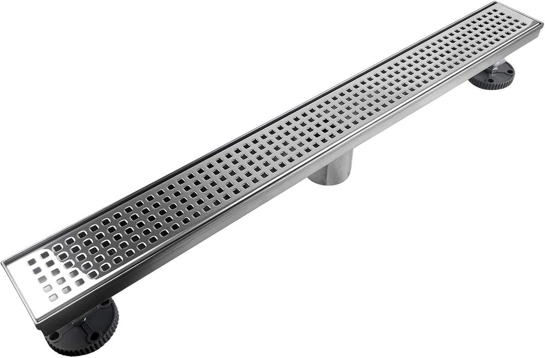 Neodrain 36-Inch Linear Shower Drain with Removable Quadrato Pattern Grate Cover, Polished 304 Stainless Steel Shower Linear Drain, Chrome Bathroom Floor Drainage &Leveling Feet, Hair Strainer, CUPC
