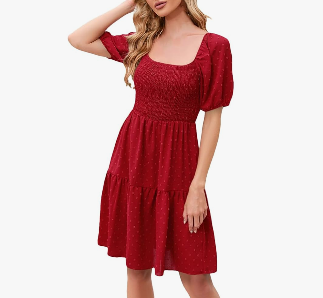 DBFBDTU Womens Midi Dress Solid Color Square Neck Short Sleeve Chiffon Dress Ladies Party Evening Dresses, XL