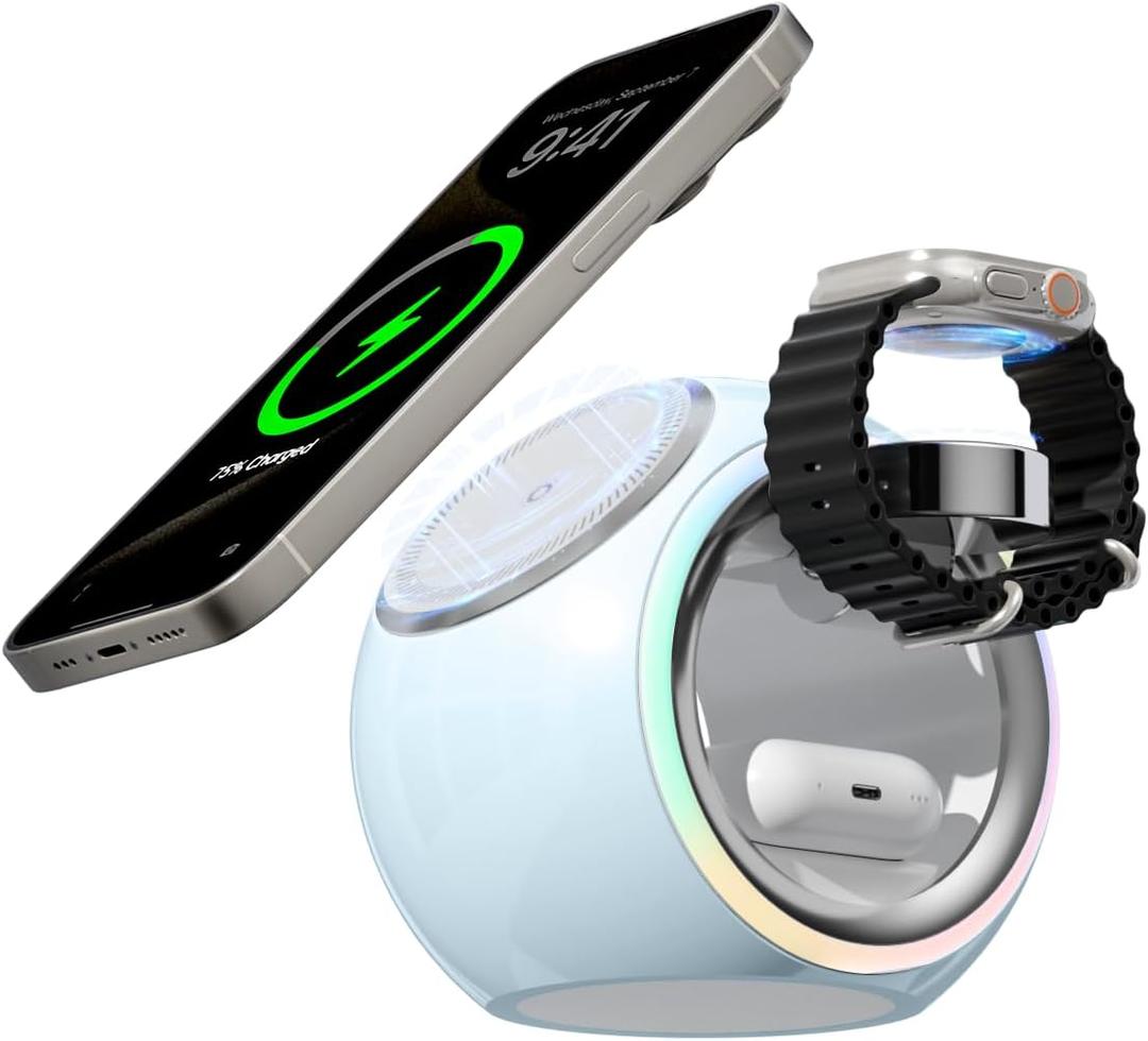 Kuulaa 3 in 1 Charging Station for Apple Devices, Mag-Safe Wireless Charger for iPhone Apple Watch and AirPods, Magnetic Charger for Android Samsung Smartwatch and Earphones (Blue)