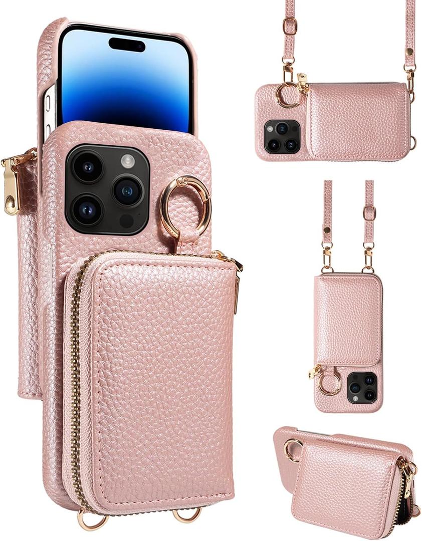 Wallet Case for iPhone 14 Pro 6.1 inch & Shoulder Strap Ring Buckle Zipper Flip Organ Purse Credit Card Holder Stand Cell Phone Cover