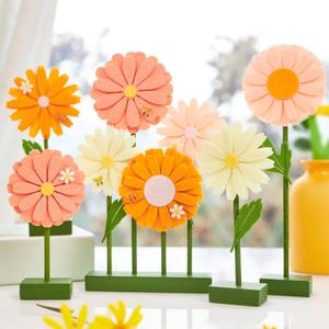 SUNBEAUTY 8 PCS Daisy Felt Centerpieces for Tables Flower Birthday Decorations Daisy Birthday Party Decorations Pink Orange Spring Floral Table Decor for Girl Birthday Baby Shower Garden Home Decor, Small