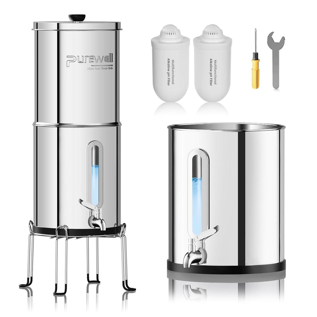 Purewell Upgraded 9-Stage Gravity Water Filter System with Water Level Window, 0.01μm Ultra-Filtration Countertop System with 2 Filters and Stand, pH 8-9, Reduce 99% Chlorine, BO-PH-2.25G