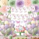 Fairy Birthday Party Decorations Set, Fairy Themed Party Decorations, Green Purple Pink Yellow Balloons Butterfly Banner for Birthday Decorations Spring Tea Party (Multi)