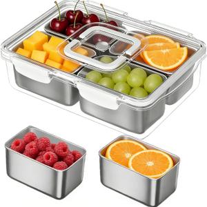 Snackle Box Container, Stainless Steel Snack Tray with Lid and Handle, 4-Compartment Divided Serving Tray for Fruit Veggie Candy, Large Snack Platter for Travel Party Beach Picnic