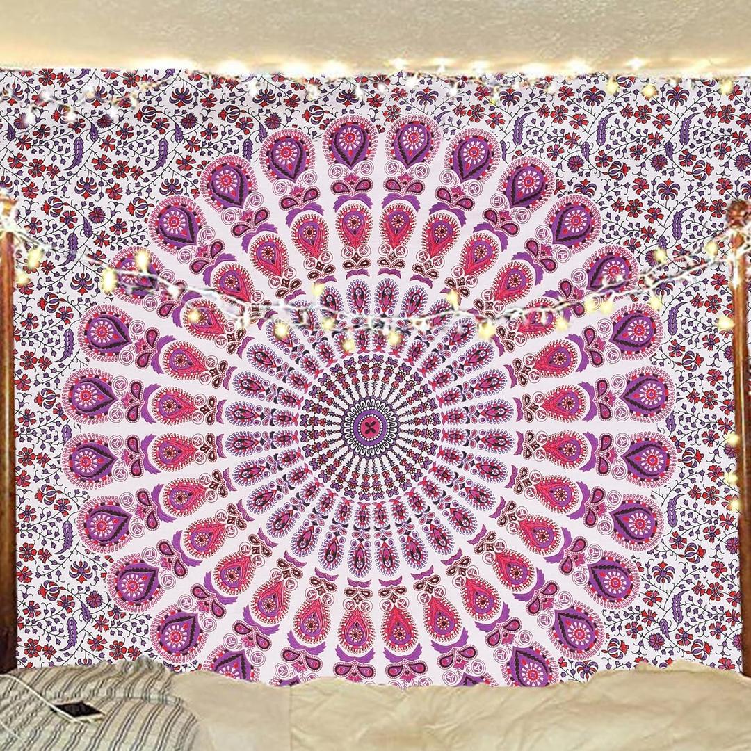 Bless International Handmade Indian hippie Bohemian Psychedelic Peacock Mandala Wall hanging College Dorm Beach Throws Table Cloth Bedding Tapestry (Pink Blue, Poster (40L" x 30W")