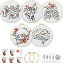 5 Sets Skull Embroidery Kits for Beginners Adults, Anatomy Embroidery Starter Kit for Doctors Nurses Christmas Gifts with Floral Stamped Pattern DIY Needlepoint Kit Cross Stitch Set Includes 2 Hoops (organ)