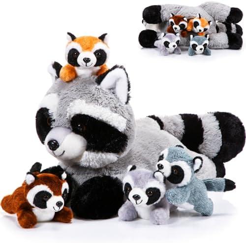 Harrycle 5 Pcs Raccoon Stuffed Animal Set Adorable Mommy Raccoon Plush with 4 Cute Babies in Tummy Soft Cuddly Plushie for Birthday Woodland Party Decor(Lovely Style)