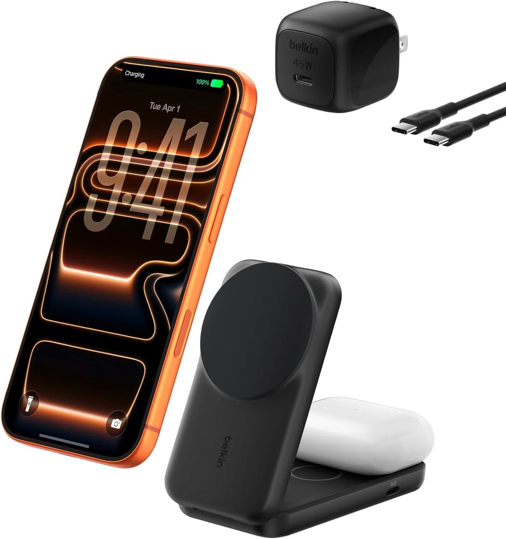 Belkin MagSafe Charger, Compatible 2-in-1 Charging Station, Qi2.2 25W Magnetic Wireless Charger iPhone, Foldable Stand, with 5W USB-C Port, for iPhone 17/16/15, Pixel 10, AirPods, 45W Adapter Included