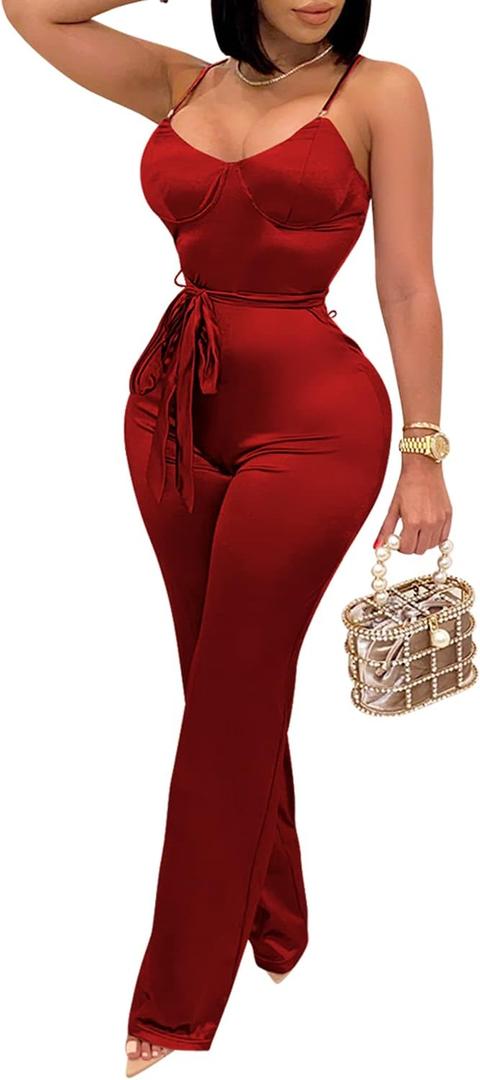 CUTUBLY Women's Bodycon V Neck Solid Color Spaghetti Strap Waistband Jumpsuit Romper(3717,Wine Red,L)