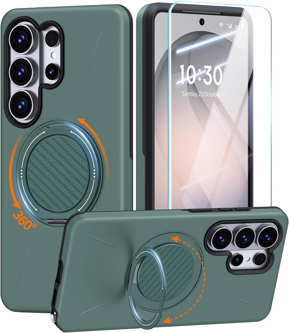 JAME for Samsung Galaxy S26 Ultra Case, Ring Holder Stand Kickstand, Dual Layer Shockproof Protective Cover with Screen Protector, Magnetic Accessory Friendly Galaxy S26 Ultra Phone Case 6.9", Green