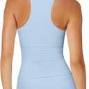 OMKAGI Racerback Workout Tops for Women Built in Bra Cute Open Back V Neck Longline Sports Bra Top (Blue, M)