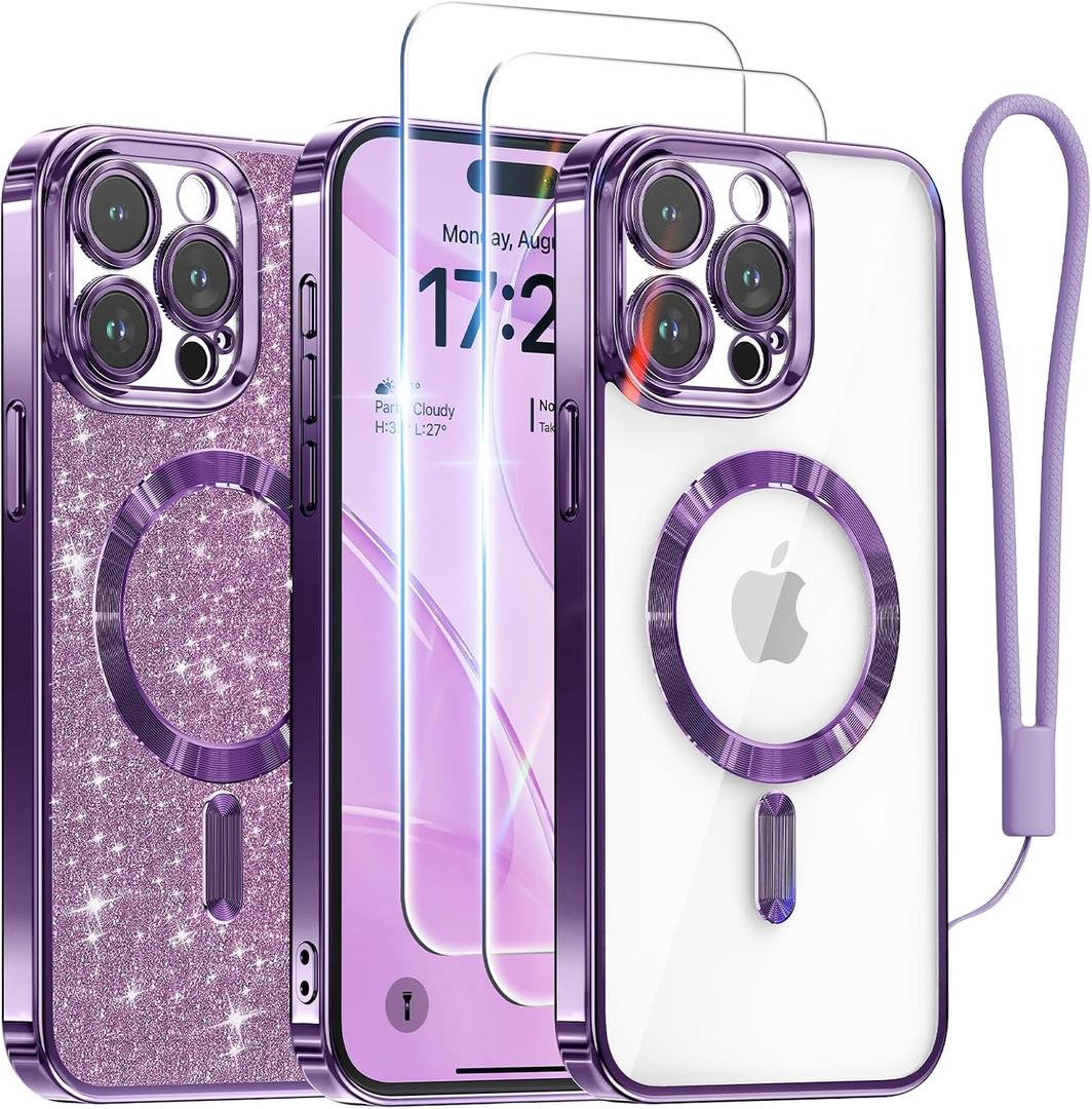 Meifigno for iPhone 15 Pro Max Case 6.7", [Glitter Card & Wrist Strap] [Compatible with MagSafe] [2X Screen Protectors] Surround Raised Camera Lens Protection for 15 Pro Max Case, Deep Purple