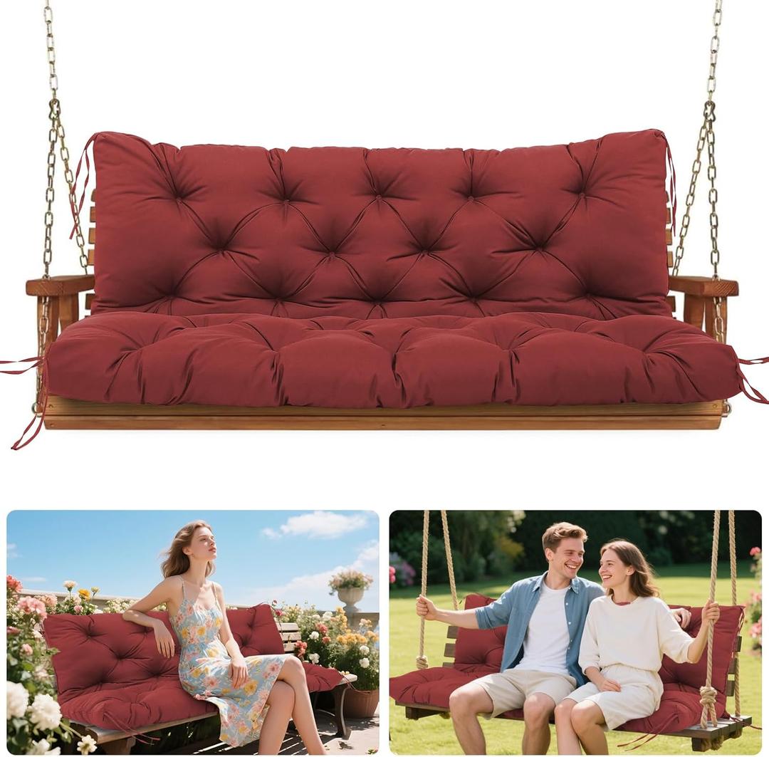 Porch Swing Cushions, Waterproof Outdoor Swing Cushions for Patio Furniture with Backresk, 2-3 Seater Thickened Patio Swing Replacement Cushion 6040 (Wine Red)