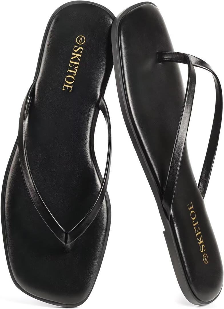 Flip Flops for Women Square Toe Flat Sandals for Women Comfortable Thong Sandals Leather Flip Flops Lightweight Summer Beach Sandals Dressy Vacation Essentials Slides (9, Black)