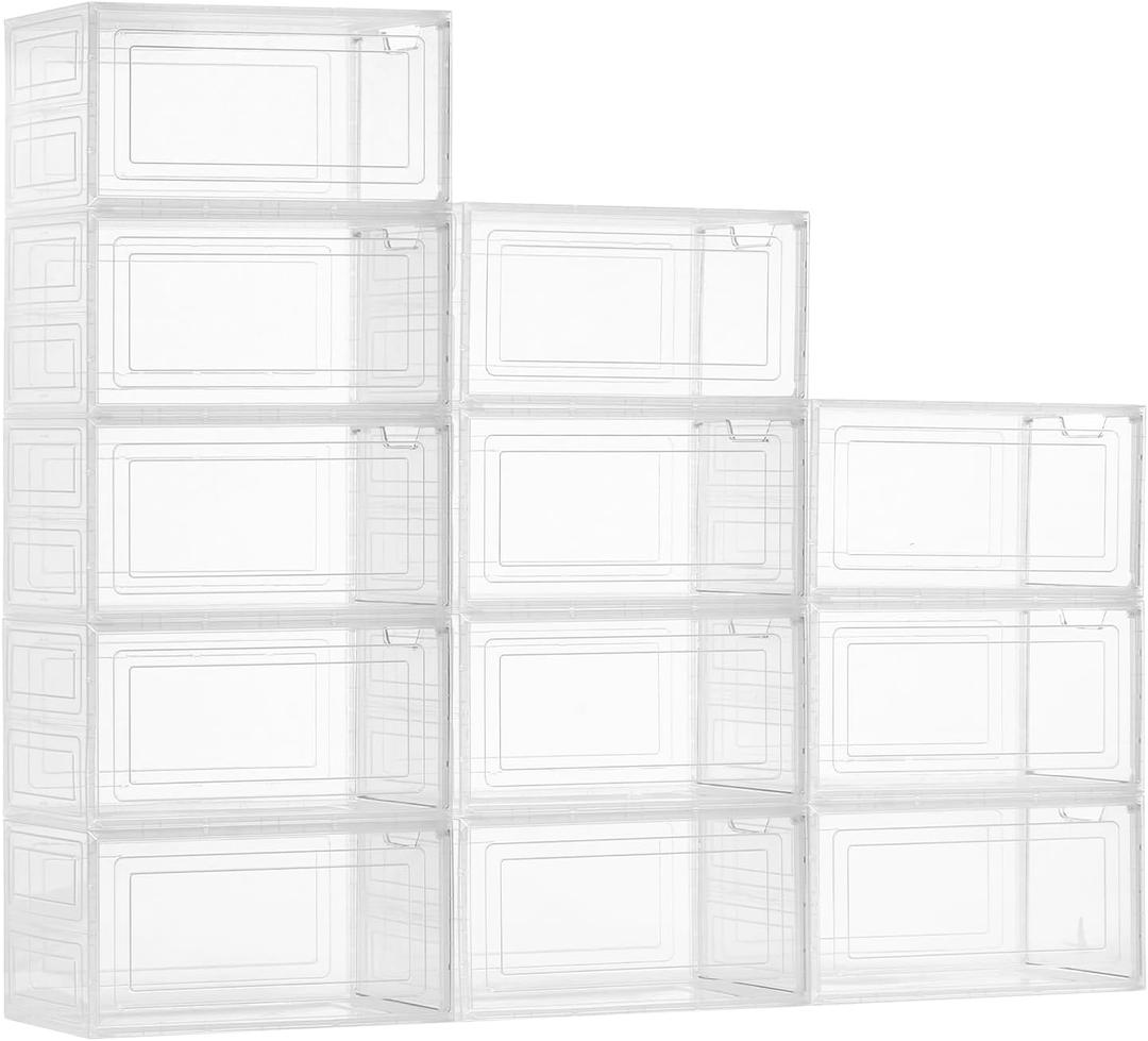 VEVOR Shoe Storage Boxes, 12 Pack Clear Stackable Shoe Boxes Storage Organizers with Magnetic Door, Fit up to US Size 13, Plastic Sneaker Containers for High Heels, Boots, and Hats, Transparent White