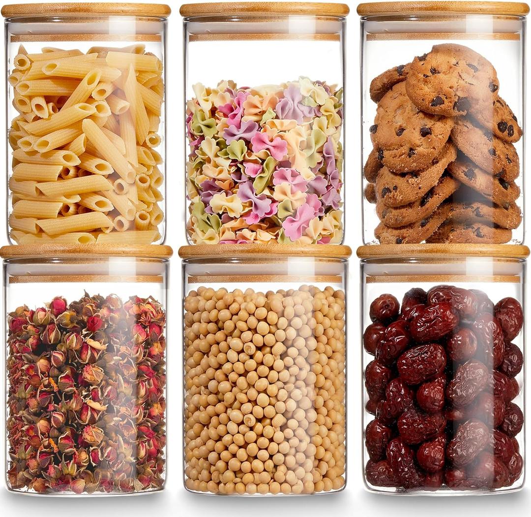 Gencywe Glass Storage Jars with Airtight Bamboo Lid, 27 OZ Food Storage Jar with Labels, Airtight Glass Canisters, Clear Kitchen Container for Candy, Cookie, Rice, Coffee Beans, Snacks, Spices