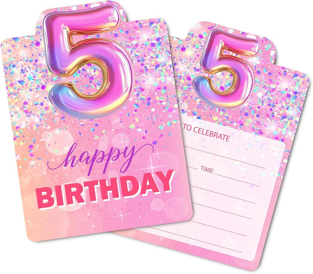 Birthday Invitations, Pink 5th Birthday Invitation Cards with Envelopes (30 PACK), Rainbow Foil Fill-in Invites for Girls Kids Fifth Party Supplies Decorations Favors