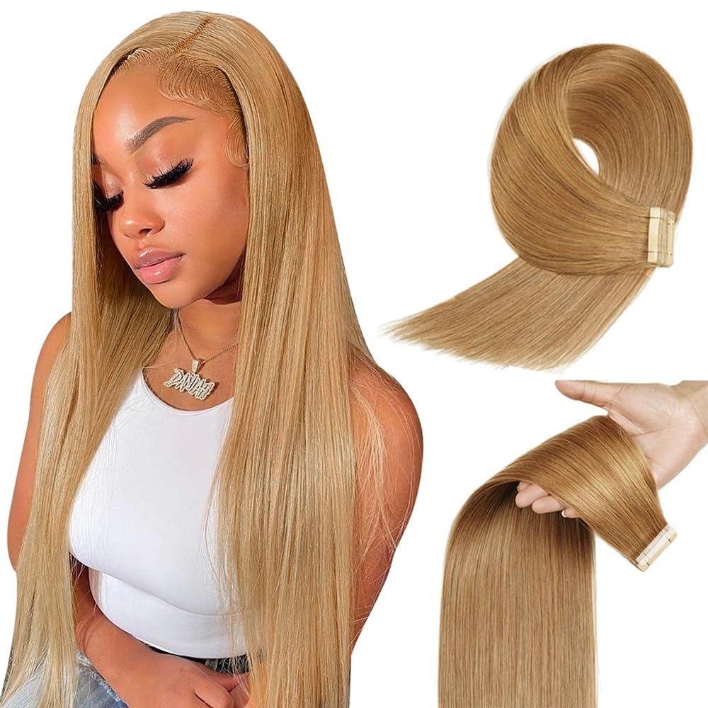 #27 Blonde Tape in Hair Extensions Human Hair,#27 Honey Blonde Straight Remy Human Hair Extensions,20 Inch 45g, Skin Weft Seamless Invisible, Silky Straight with Thick Ends, Remy Human Hair, 1Pc