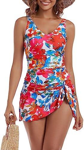 AidongerOne Piece Swim Dress Swimsuits for Women Tummy Control Swimdress Skirt V Neck Bathing Suit, Size XL