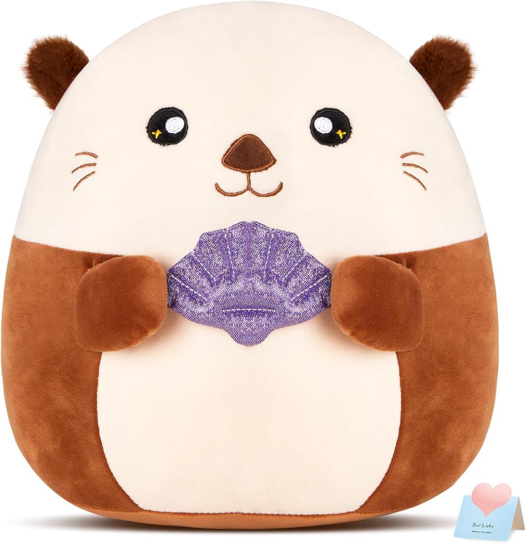 Glow Guards 12 Sea Otter Plush Pillow with Fuzzy Ears,Cute Otter Stuffed Animal,Soft Plushies Pillow Kawaii Otter Plush Toys with Glitter Purple Seashell,Otter Toys Gift for Girls Boys Birthday