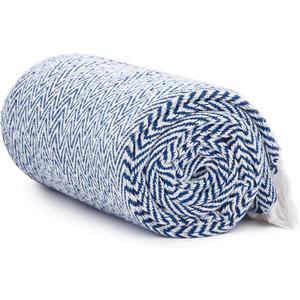 Americanflat 50x60 Throw Blanket - Soft and Breathable Cotton Throw Blanket for Couch, Bed, Chair - Decorative Blanket Perfect for Home, Office, or Outdoor Use - Blue and White Herringbone Blanket