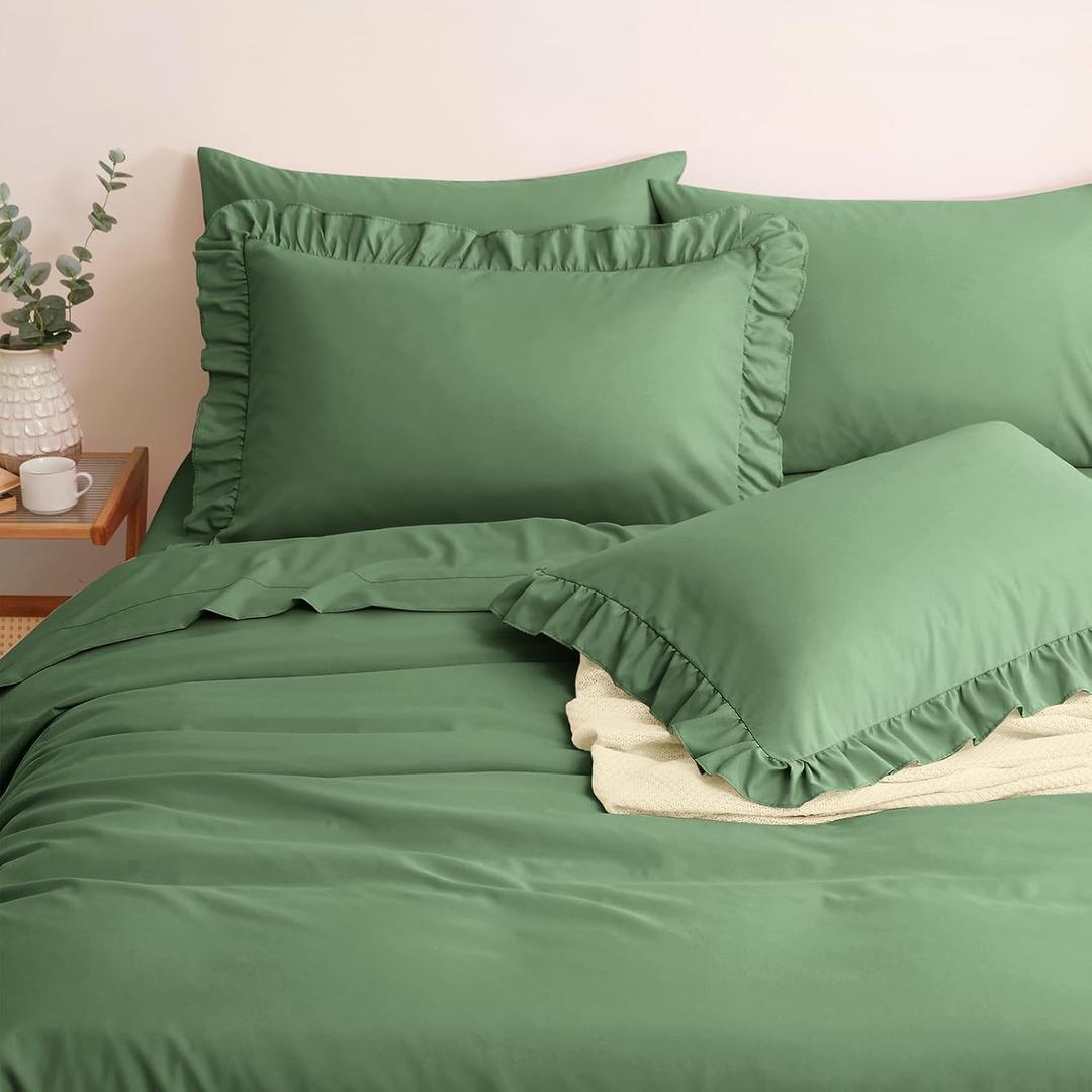 Horbaunal Sage Green Ruffle Sheets King Size 6 Piece, Fits 16" Deep Mattress, Microfiber Green King Sheets with 2 Ruffled Pillowcases, Shabby Chic King Bed Sheet Set
