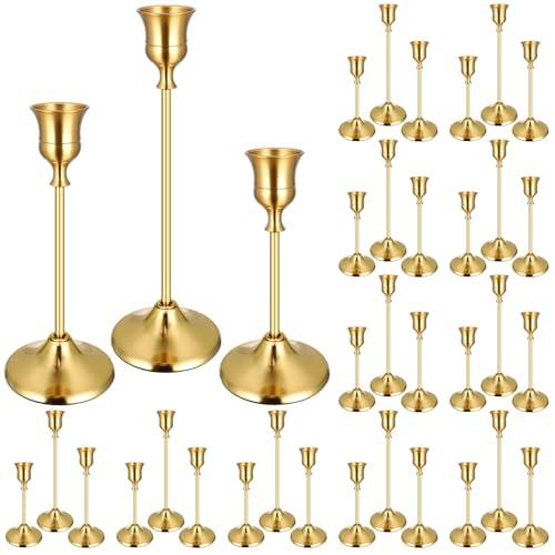 36PCS Brass Gold Taper Candle Holders Set, Vintage Metal Candlestick Holders for Table Centerpiece, Wedding Reception, Festive Christmas Mantel Decoration