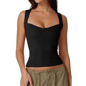 QINSEN Women's Sleeveless Top Sexy Sweetheart Neck T Shirts Belly Hide Cropped Tee Top M Black