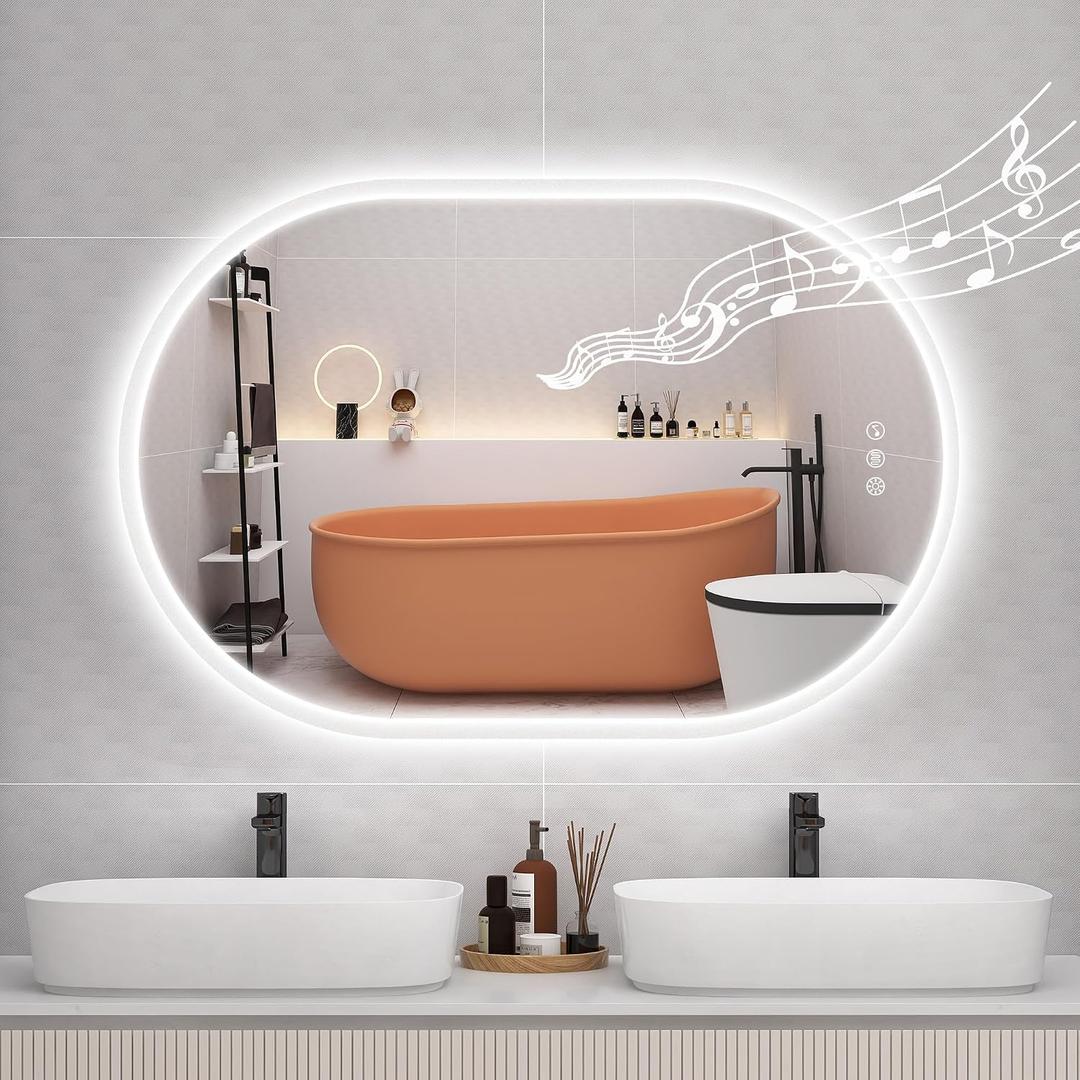 STARLEAD 24"x36" Oval LED Bathroom Mirror with Bluetooth Speaker, Dimmable Lighting, 3 Color Modes, Anti-Fog, Touch Control Wall Mounted Vanity Mirror, Silver-oval