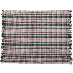 Creative Co-Op Plaid Woven Cotton Blend Throw with Fringe, Cream, Green and Red